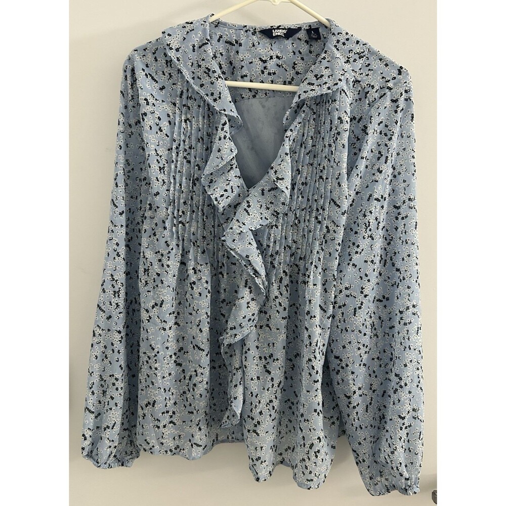 Lands' End Women's Long Sleeve Front Ruffle Blue V-Neck Blouse, Size large 14-16